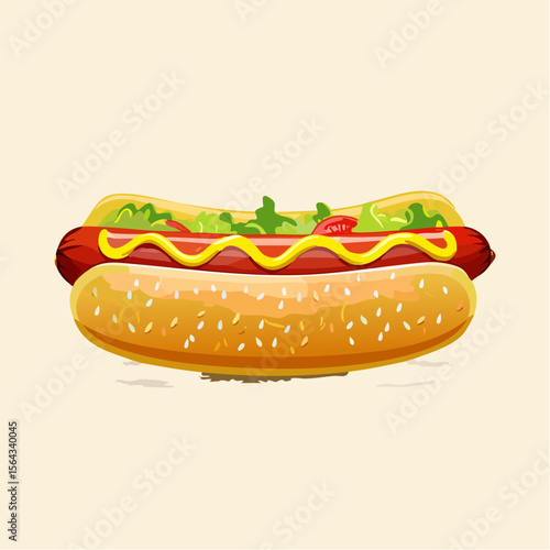 A delicious hot dog, topped with mustard, lettuce, and tomato, sits ready to eat.