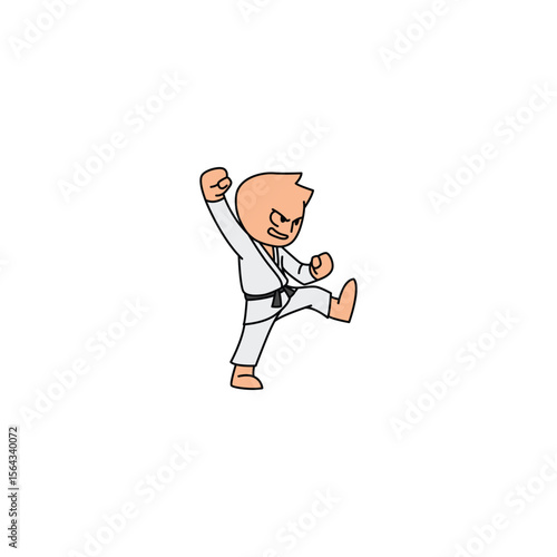 An icon of a cartoon character in a white gi with a black belt, performing a high block, defending against an overhead attack with power.