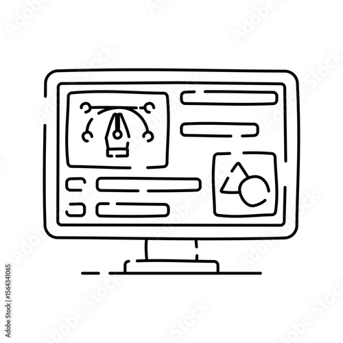 Design Monitor Doodle Outline style, screen displaying a creative workspace with drawing tools, symbolizing UI UX design or creative editing work, ideal for digital design projects.