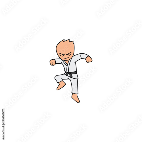 An icon of a cartoon character in a white gi with a black belt, performing a defensive blocking motion with a strong, low stance.