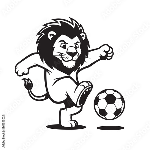 Vector illustration of a mighty lion kicking a soccer ball, symbolizing strength in sports.