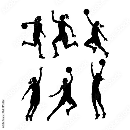 Silhouettes Depicting Female Basketball Players in Various Action Poses: Dribbling, Jumping, Shooting, and Laying Up, Capturing the Energy and Skill of the Sport