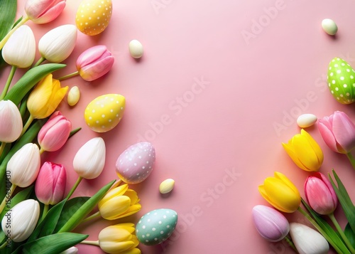 Colorful Easter eggs scattered on a soft pink background with a beautiful bouquet of white and yellow tulips in the center
