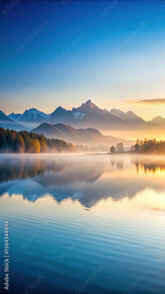 Fototapeta premium Serene lake at dawn with misty mountains in background