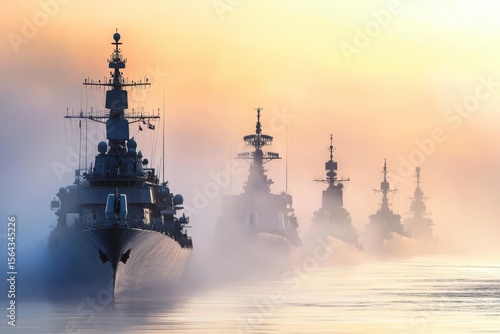 Indian naval ships sail in formation during a ceremonial event at dawn. 