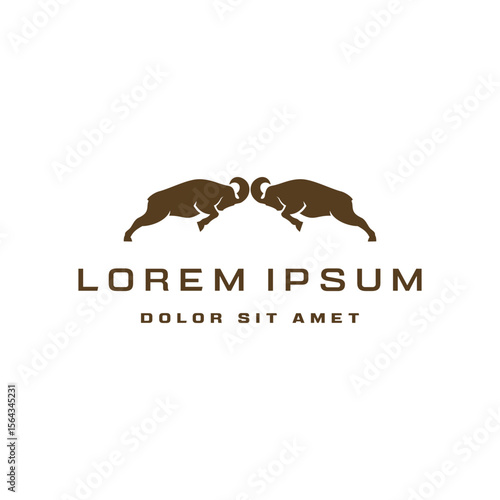 Two big horn black ram goat sheep headbutt logo flat and minimalist icon charge attack tough head and power jump