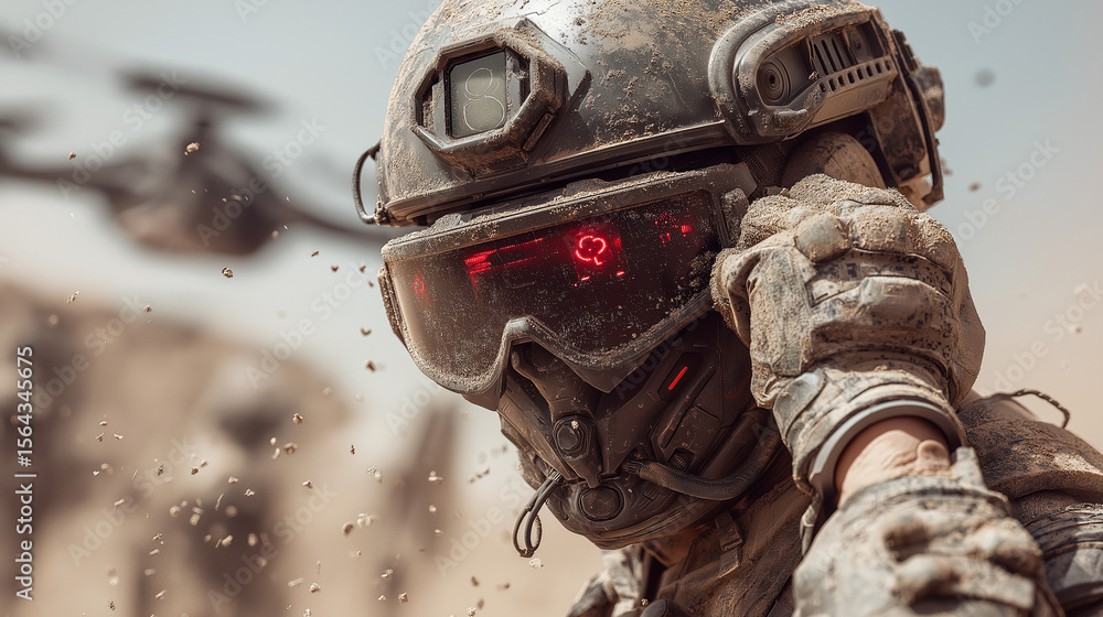 Fototapeta premium Futuristic Armored Soldier with Red Glowing Eyes – Sci-Fi Military Concept