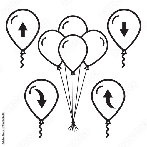 Six balloons display different arrow directions, surrounded by five other balloons with curly or straight strings, indicating movement or orientation.
