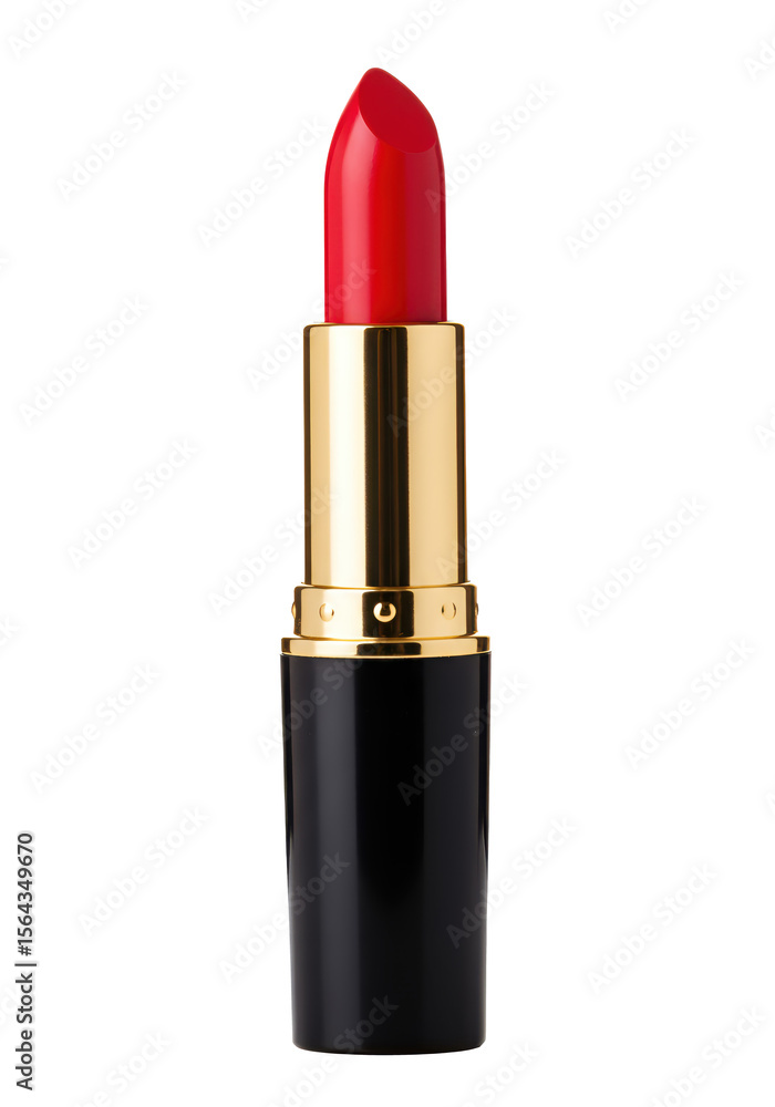 Obraz premium Elegant red lipstick in a black and gold tube presents a classic and luxurious cosmetic product on a sleek black background.