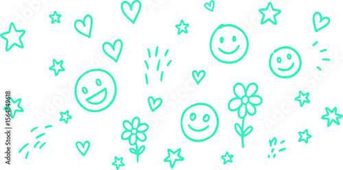 Turquoise outline drawing shows smiley faces, hearts, stars and flowers scattered on a white background, creating a playful and lighthearted pattern ideal for invitations or children's designs.