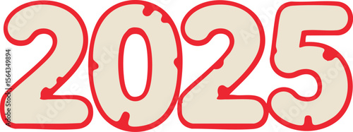 The year 2025, illustrated with beige filled, cartoonish numerals outlined in red, creating a cheerful, graphic image on a white background, ideal for holiday or celebratory designs.