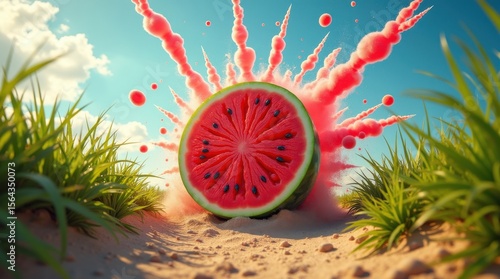 Explosive watermelon burst beachside creative photography vibrant colorful environment dynamic perspective