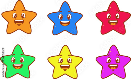Six cartoon star characters, each a different vibrant color like orange, blue, red, green, yellow, and purple, are smiling cheerfully on a white backdrop great for educational resources.