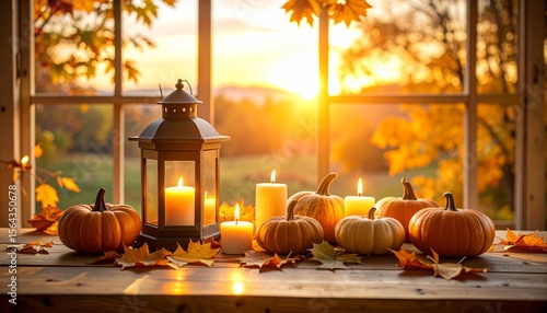 Autumn ambiance with pumpkins, candles, and a lantern against a warm sunset view