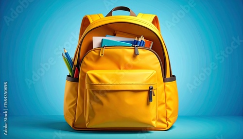 Bright yellow backpack with school supplies ready for back to school season displayed on blue background