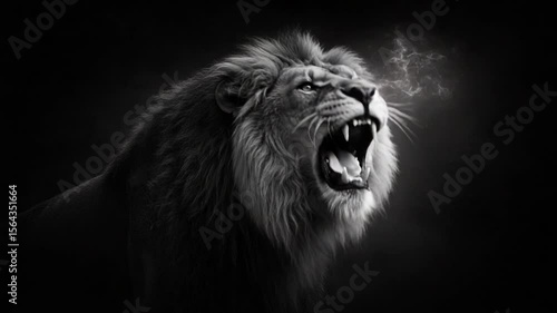 Majestic lion roaring in dark, smoky atmosphere