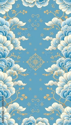 Elegant Blue Floral Pattern with Golden Accents and Soft Clouds