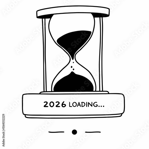 An hourglass shows time passing as it loads the year 2026, isolated on white background