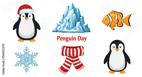 Penguin day illustration featuring penguins, iceberg, fish, snowflake and a red and white scarf design