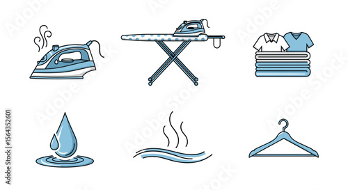 Collection of laundry and ironing icons including iron, clothes, water drop and hanger illustration