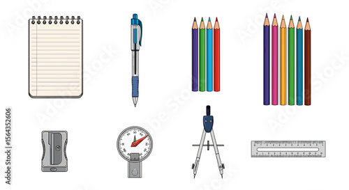 Illustration of a notebook, pen, colored pencils, sharpener, compass, ruler, and pressure gauge tool