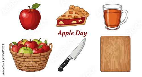 A collection of apple themed items including a pie, apples, juice, knife and cutting board displayed