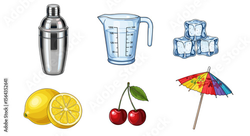 Illustration of a cocktail shaker, measuring cup, ice cubes, lemons, cherries and a cocktail umbrella
