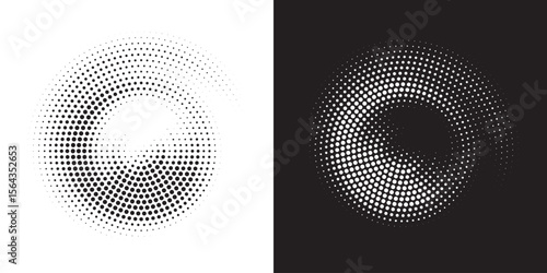 Halftone circle frame dotted background set. Round border Icon using halftone random circle dots raster texture. Grunge circular stain. Vector illustration.