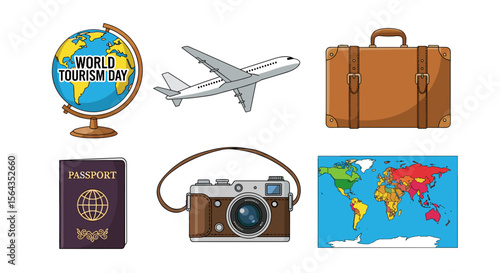 Illustration of world tourism day with a globe airplane suitcase passport camera and world map design