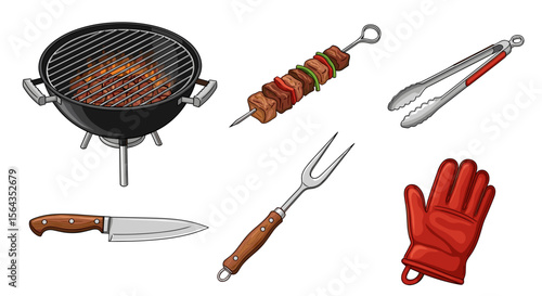 Illustration showing a barbecue grill with meat, skewer, tongs, fork, knife, and a red cooking glove