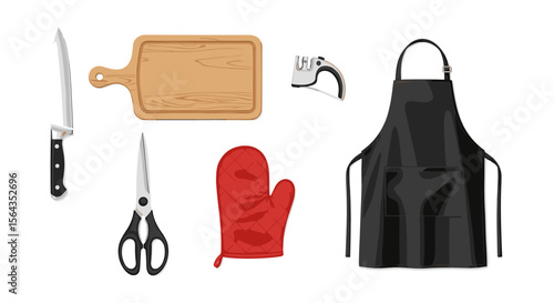 Illustration of kitchen utensils including a knife cutting board oven mitt and a black apron isolated