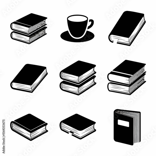 Vintage-style black and white vector illustration set of books in various stacks and arrangements, including one with a coffee cup on top, evoking classic literature, reading, and study themes.

