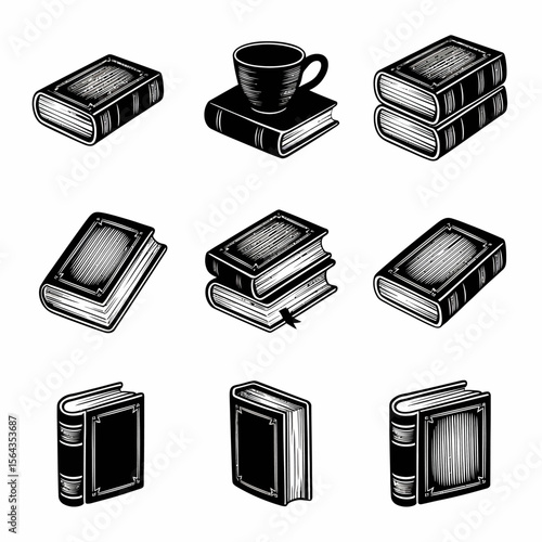 Vintage-style black and white vector illustration set of books in various stacks and arrangements, including one with a coffee cup on top, evoking classic literature, reading, and study themes.

