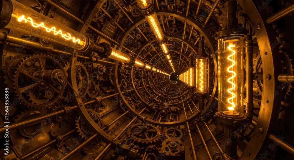 Obraz premium Intricate Mechanical Spiral Tunnel Lit by Warm Bulbs