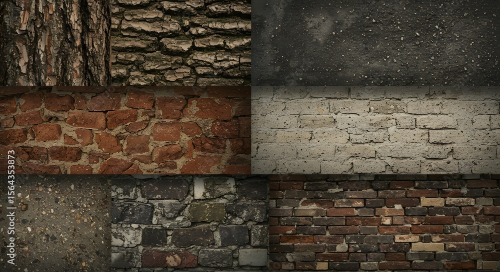 A versatile set of grunge textures showcasing different surfaces like aged red brick, weathered stone walls, rustic tree bark, and gritty dark concrete panels. A versatile set of grunge textures showcasing different surfaces like aged red brick, weathered stone walls, rustic tree bark, and gritty dark concrete panels.