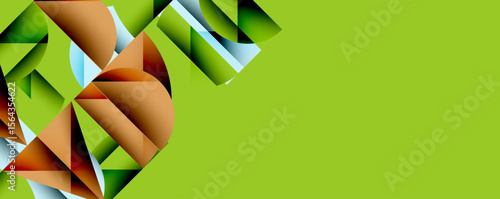 Abstract geometric shapes, green background. Brown, blue highlights create dynamic visual interest. Modern design elements present.