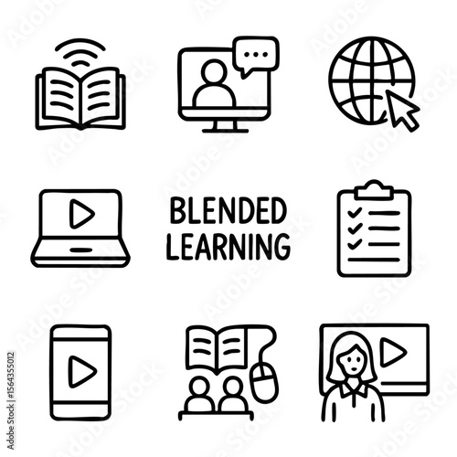 A set of doodle line icons illustrating blended learning, digital classrooms, online courses, virtual teaching, and e-learning technology