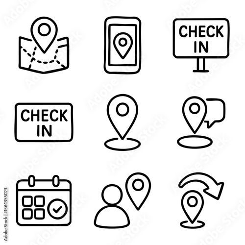 A set of doodle line icons representing location check-in, map navigation, GPS pins, event attendance, and geolocation tracking