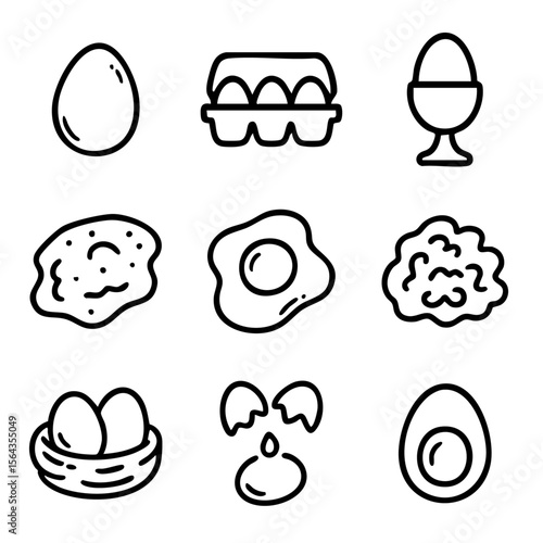 A set of doodle line icons featuring whole eggs, cracked eggs, fried eggs, boiled eggs, scrambled eggs, and egg carton varieties