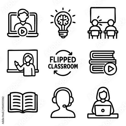 A set of doodle line icons showing flipped classroom concepts, video learning, student collaboration, and hybrid teaching approaches