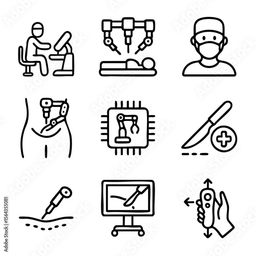 A set of doodle line icons illustrating robotic surgery, minimally invasive procedures, medical robotics, surgical tools, and remote-controlled systems