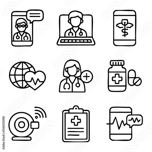 A set of doodle line icons illustrating telemedicine, online doctor consultations, remote health monitoring, prescriptions, and virtual medical services