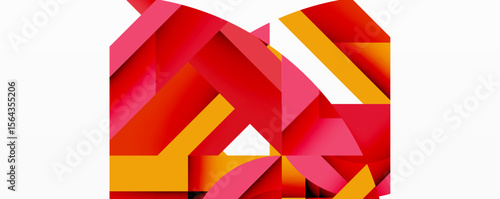 Abstract geometric composition. Bold reds, pinks, yellows create dynamic fragmented shapes. Modern design, sharp angles, vibrant colors.