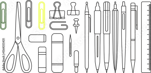 Line art stationery supplies illustration for office school and art projects vector design outline drawing