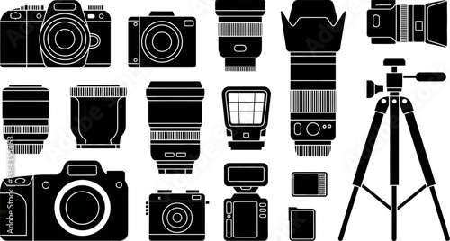 Camera equipment vector set: dslr camera, lens, tripod, flash, memory card for photography and videography