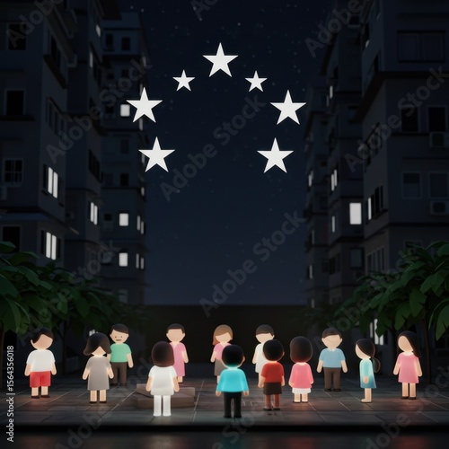 Wallpaper Mural Night Scene: Glowing Stars Above a Gathering of People in a City Setting Torontodigital.ca