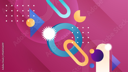 Abstract colorful geometric shapes on a pink background. Suitable for graphic design projects, promotional materials, or vibrant modern artistic concepts.