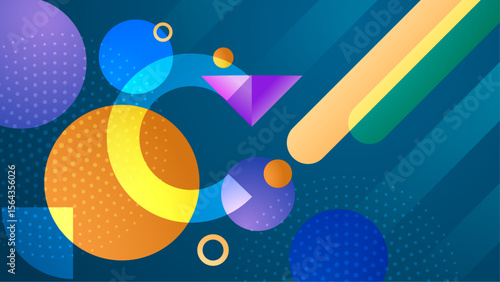 Colorful abstract shapes and lines on a dark blue background. Suitable for modern and vibrant designs, backgrounds, prints, and digital artwork.
