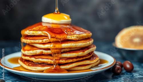 Wallpaper Mural A stack of golden-brown fluffy pancakes drenched in amber syrup, glistening and overflowing,   buttery,   breakfast food Torontodigital.ca