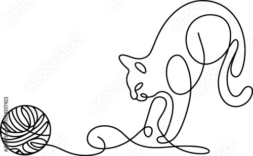 Single line drawing of a cat playing with yarn ball minimal art vector illustration line art design